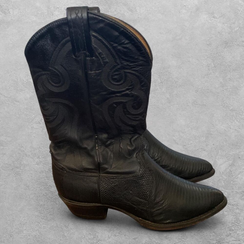 Vintage 70s Tony Lama Teju Lizard Cowboy Boots 12D Black Style 8843 Western